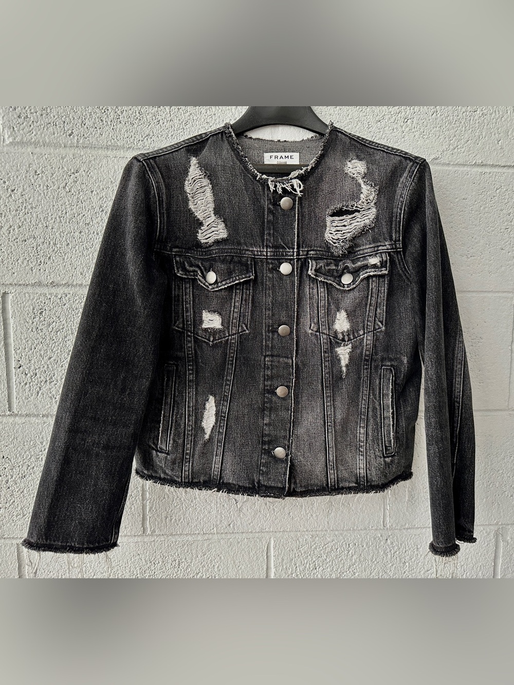 Frame Denim Black Distressed Cropped Jean Jacket